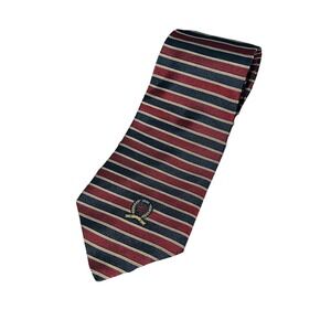 Tommy Hilfiger Silk Tie Red Gold Navy Stripe Crest Logo Necktie Vintage Classic